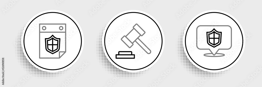 Set line Location shield, Calendar with and Judge gavel icon. Vector Set line Location shield, Calendar with and Judge gavel icon. Vector