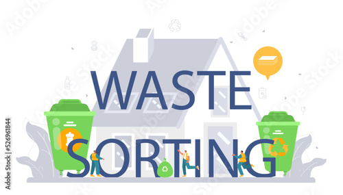Waste sorting typographic header. Janitor worker cleaning street