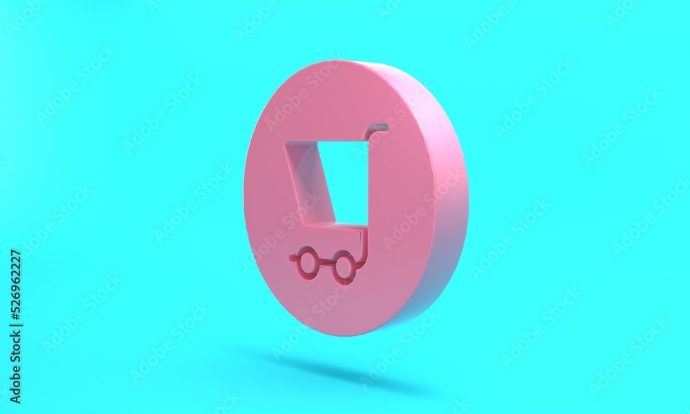 Pink Shopping cart icon isolated on turquoise blue background. Online buying concept. Delivery service sign. Supermarket basket symbol. Minimalism concept. 3D render illustration Pink Shopping cart icon isolated on turquoise blue background. Online buying concept. Delivery service sign. Supermarket basket symbol. Minimalism concept. 3D render illustration