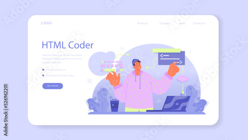 Website development web banner or landing page. HTML coding process