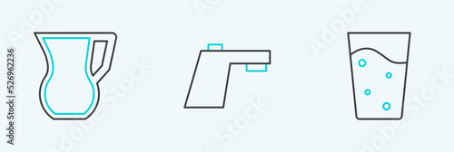 Set line Glass with water, Jug glass and Water tap icon. Vector