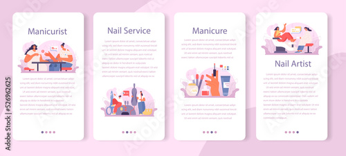 Manicurist service mobile application banner set. Beauty salon worker