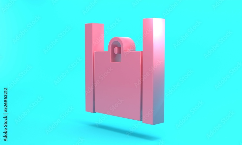 Pink Paper shopping bag icon isolated on turquoise blue background. Package sign. Minimalism concept. 3D render illustration Pink Paper shopping bag icon isolated on turquoise blue background. Package sign. Minimalism concept. 3D render illustration