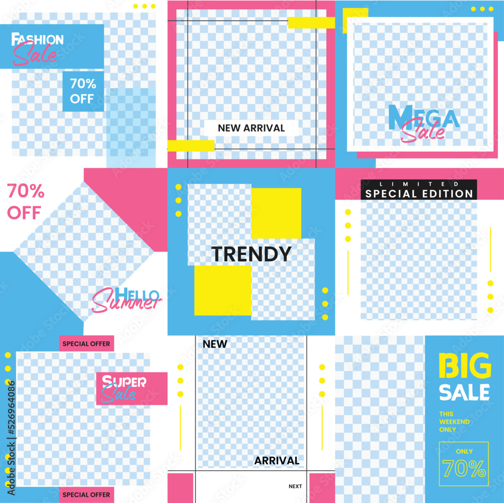Social media feed post templates set in square puzzle style with vector illustration background. Social media feed post templates set in square puzzle style with vector illustration background.
