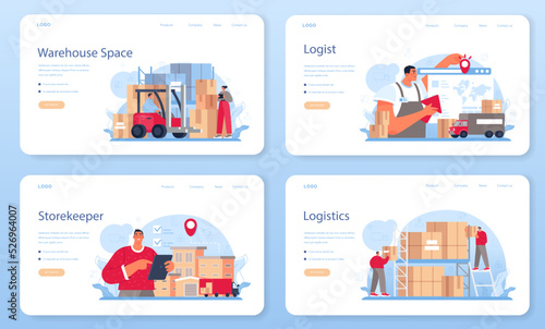 Logistic and delivery service web banner or landing page set.