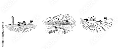 Farm icons set. Farming, production of farm products, milk, meat, bread. Label for business