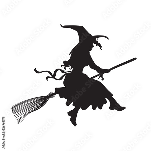 Icon witch flies on a broomstick. Simple silhouette of a cute witch for halloween, cards and invitations