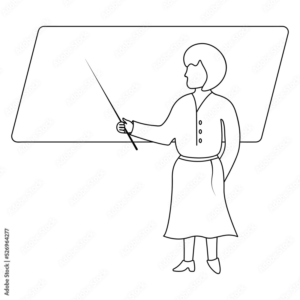 The teacher teaches a lesson at school. Sketch. A woman points to a blackboard with a pointer. Vector illustration. School theme. Coloring book. Doodle style. Outline on isolated background The teacher teaches a lesson at school. Sketch. A woman points to a blackboard with a pointer. Vector illustration. School theme. Coloring book. Doodle style. Outline on isolated background