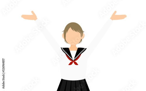 白いセーラー服を着た女子生徒、広げた両手を上げるポーズ