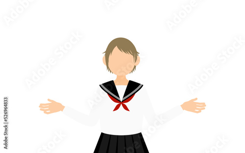 白いセーラー服を着た女子生徒、両手を広げる身振り