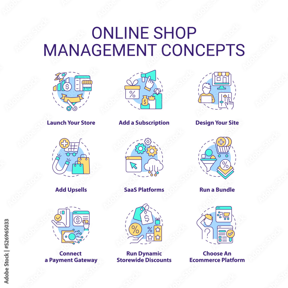 Online shop management concept icons set. Online sales. Marketing techniques. Ecommerce idea thin line color illustrations. Isolated symbols. Editable stroke. Roboto-Medium, Myriad Pro-Bold fonts used Online shop management concept icons set. Online sales. Marketing techniques. Ecommerce idea thin line color illustrations. Isolated symbols. Editable stroke. Roboto-Medium, Myriad Pro-Bold fonts used