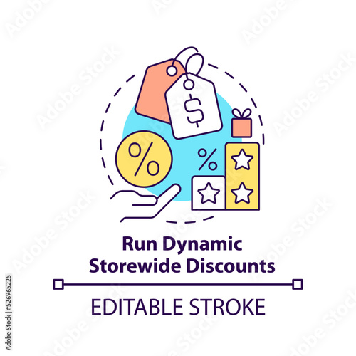 Run dynamic storewide discounts concept icon. Optimizing online business abstract idea thin line illustration. Isolated outline drawing. Editable stroke. Arial, Myriad Pro-Bold fonts used photo
