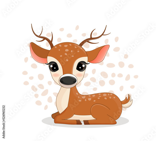 Cute deer print. Children's poster with an animal. Fawn lies drawing. Vector illustration on white background.