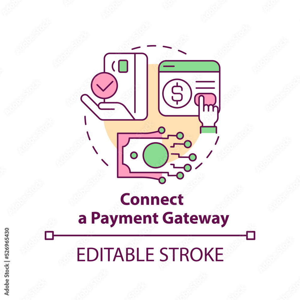 Connect payment gateway concept icon. Credit card pay. Starting online store abstract idea thin line illustration. Isolated outline drawing. Editable stroke. Arial, Myriad Pro-Bold fonts used Connect payment gateway concept icon. Credit card pay. Starting online store abstract idea thin line illustration. Isolated outline drawing. Editable stroke. Arial, Myriad Pro-Bold fonts used