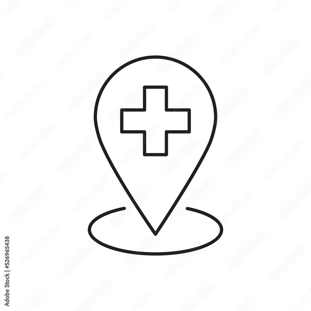 Hospital location pin icon. Medical map pointer with cross hospital icon isolated on black and white background. Vector Illustration Hospital location pin icon. Medical map pointer with cross hospital icon isolated on black and white background. Vector Illustration