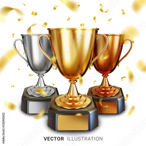 Set of Golden, Silver and Bronze trophy cup or champion cup with falling confetti. First, second and third place in the competition. Realistic 3D vector illustration on white background
