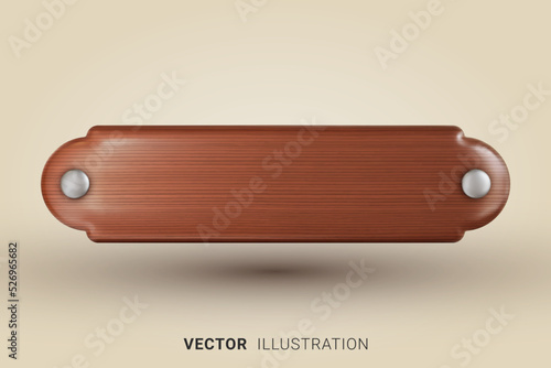 Realistic wooden nameplate with wood grain in retro style. 3D vector illustration