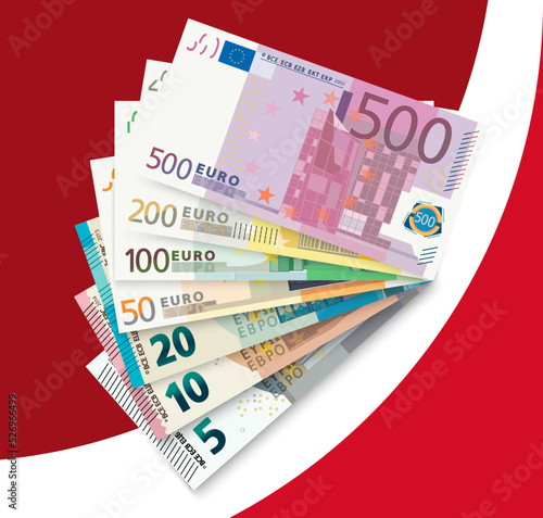Euro banknotes flat vector illustration. European money currency, paper banknotes isolated clipart. Ten, twenty, fifty, euro cash design elements. Capital, change, payment