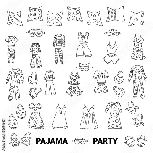 set of doodle-style drawings for the design of a pajama party and a children's bedroom. template Slumber party for kids. illustration of hand-drawn.   elements for good sleep.coloring book antistress