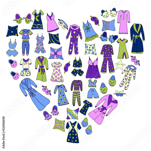 Set of funny pajamas and nightgowns, pillows and fireboxes arranged in a  heart composition. Vector illustration of hand-drawn elements in a doodle style and isolated on a white