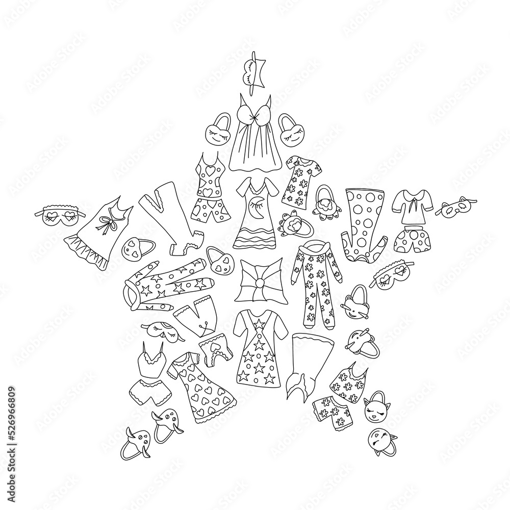 Set of funny pajamas and nightgowns, pillows and fireboxes arranged in a star composition. Vector illustration of hand-drawn elements in a linear doodle style and isolated on a white. coloring book