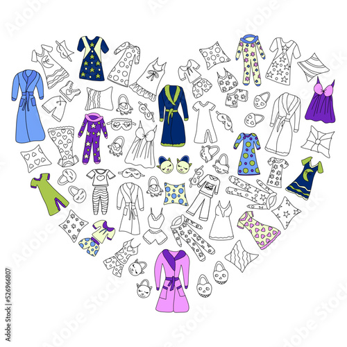 Set of funny pajamas and nightgowns, pillows and fireboxes arranged in a heart composition. Vector illustration of hand-drawn elements in a linear doodle style.