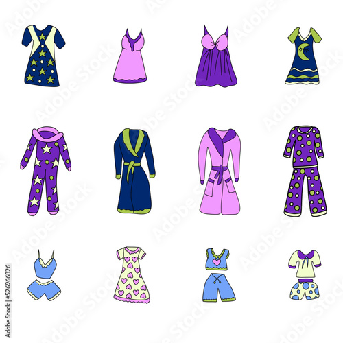 set of pajamas and nightgowns painted in doodle style