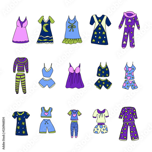 set of pajamas and nightgowns painted in doodle style
