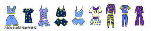  set of pajamas. illustration of hand-drawn sketches in a doodle style. elements for good sleep. horizontal composition