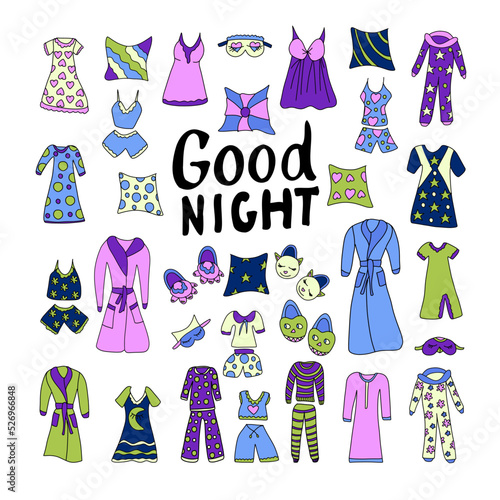 Sleep, relax time, dream night doodle set. Concept comfort night sleep time. sketch style.Set of funny pajamas and nightgowns, pillows. Vector illustration of hand-drawn elements in a  doodle style 