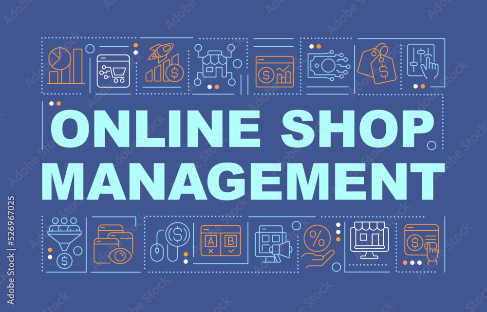 Online shop management word concepts dark blue banner. Infographics with editable icons on color background. Isolated typography. Vector illustration with text. Arial-Black font used