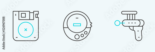 Set line Ray gun, Floppy disk and Music CD player icon. Vector