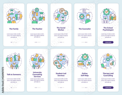 Help students with mental health onboarding mobile app screen set. Walkthrough 5 steps editable graphic instructions with linear concepts. UI, UX, GUI template. Myriad Pro-Bold, Regular fonts used