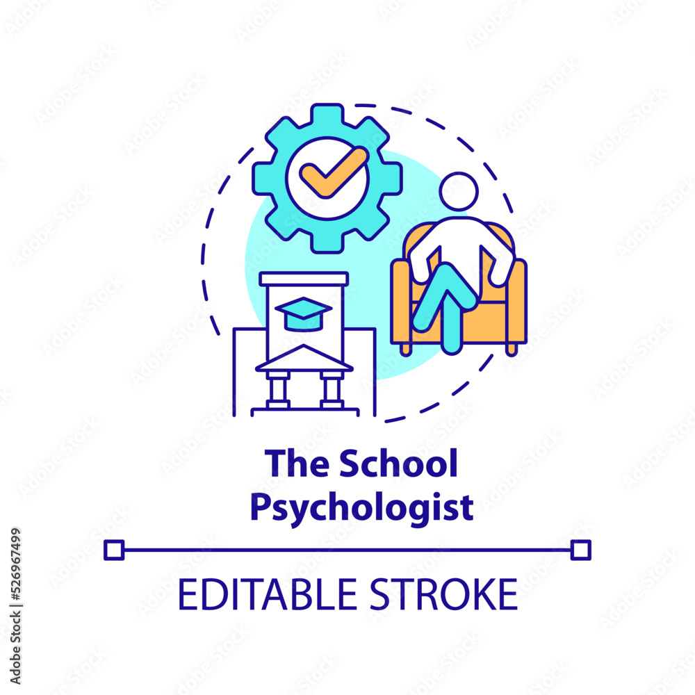 School psychologist concept icon. Who should participate in student mental health abstract idea thin line illustration. Isolated outline drawing. Editable stroke. Arial, Myriad Pro-Bold fonts used School psychologist concept icon. Who should participate in student mental health abstract idea thin line illustration. Isolated outline drawing. Editable stroke. Arial, Myriad Pro-Bold fonts used