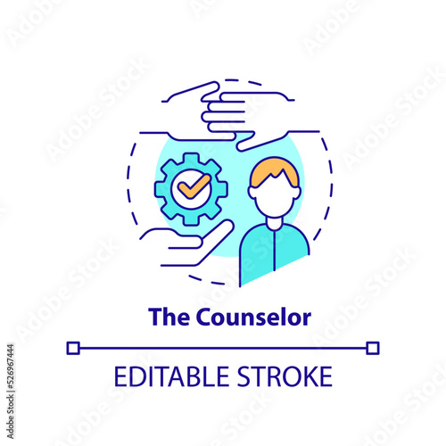 Counselor concept icon. Care about student mental health abstract idea thin line illustration. Helping to achieve goals. Isolated outline drawing. Editable stroke. Arial, Myriad Pro-Bold fonts used