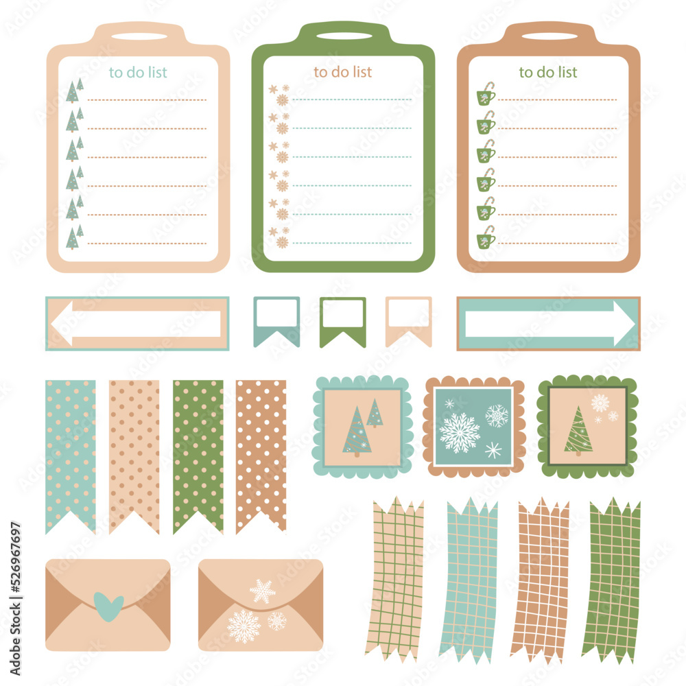A universal set of templates for memo sheets, to do list, in the Christmas style. Snowflakes, Christmas trees, stamps, postal envelopes, arrows, pointers, note cards. In blue, green, beige.