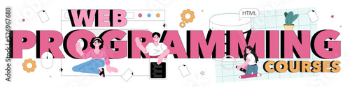 Web programming course typographic header. Coding, testing