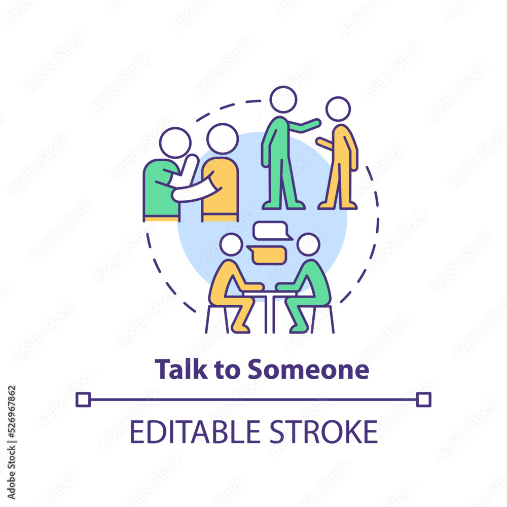 Talk to someone concept icon. Help student with mental illness abstract idea thin line illustration. Disclosing to friend. Isolated outline drawing. Editable stroke. Arial, Myriad Pro-Bold fonts used Talk to someone concept icon. Help student with mental illness abstract idea thin line illustration. Disclosing to friend. Isolated outline drawing. Editable stroke. Arial, Myriad Pro-Bold fonts used