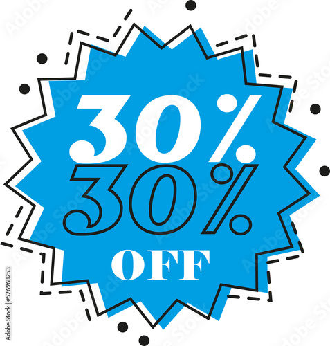 ......30% discount (thirty percent) art in blue color with black dash and white numbers