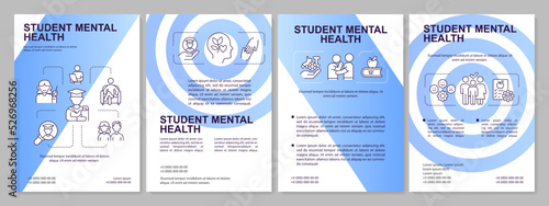 Student mental wellness and wellbeing blue gradient brochure template. Leaflet design with linear icons. 4 vector layouts for presentation, annual reports. Arial, Myriad Pro-Regular fonts used