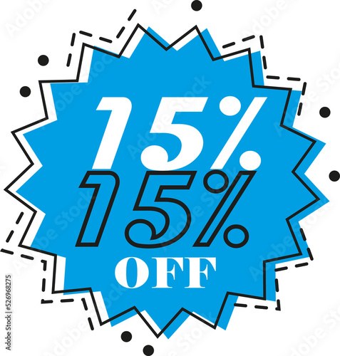 ...15% discount (fifteen percent) art in blue color with black dash and white numbers