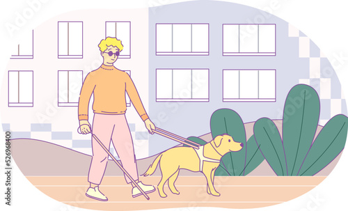 Blind young man walking with his dog along street. Handicapped guy with sunglasses and cane walking with guide dog on leash. Man with visual impairment and his pet animal companion hand drawn vector
