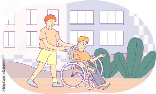 Cheerful teenage boy pushing wheelchair with disabled friend. Schoolboy caring about his friend. Friendship and support of handicapped person. Disabled boy leading active lifestyle hand drawn vector