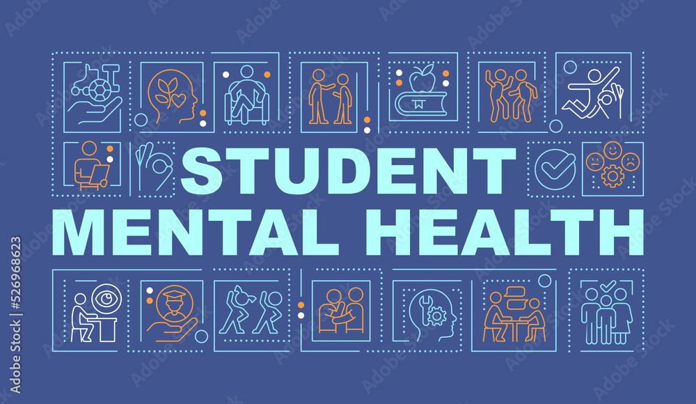 Schoolchildren mental wellbeing word concepts dark blue banner. Infographics with editable icons on color background. Isolated typography. Vector illustration with text. Arial-Black font used