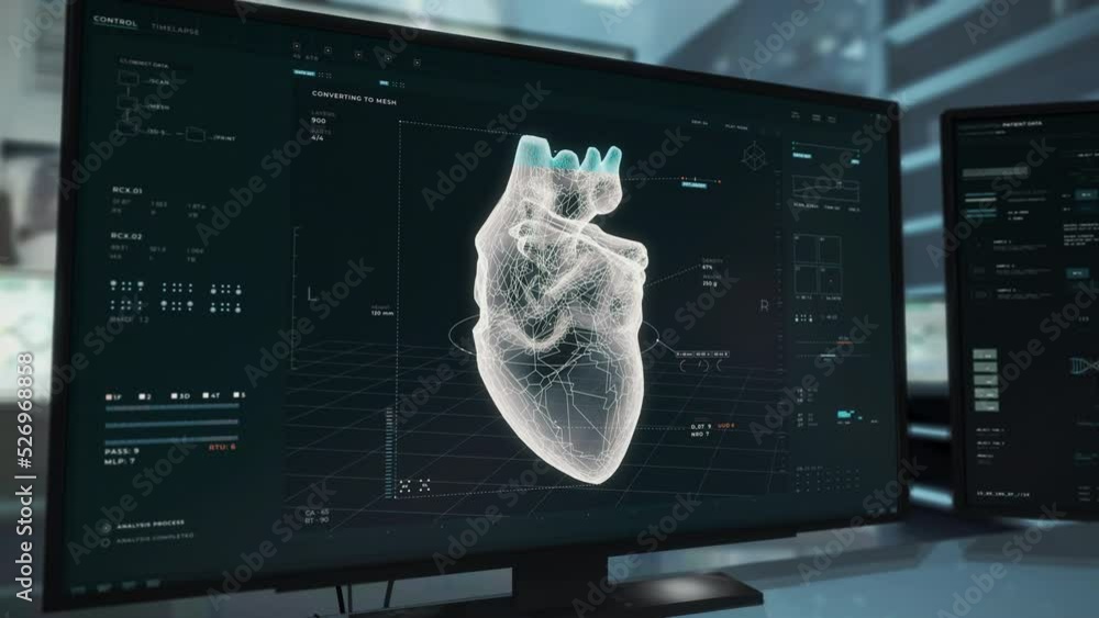 Robotic organ production tech is analyzing the virtual organ data. Robotic organ production tech