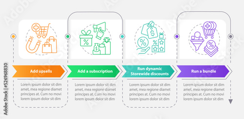 Optimizing online business rectangle infographic template. Data visualization with 4 steps. Editable timeline info chart. Workflow layout with line icons. Myriad Pro-Bold, Regular fonts used