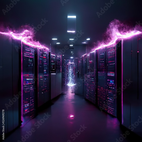 Futuristic Server Room Processing Information Database Saving Power Efficiency Fast Transfer Speed 3d Illustration photo