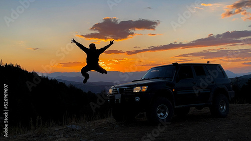 the energy of the man who went up the mountain with an off-road vehicle