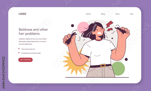 Alopecia web banner or landing page. Character suffeering from receding