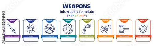 infographic template with icons and 8 options or steps. infographic for weapons concept. included katana with handle, burst, no shooting, blade, molotov cocktail, objetive, thor hammer, shooting